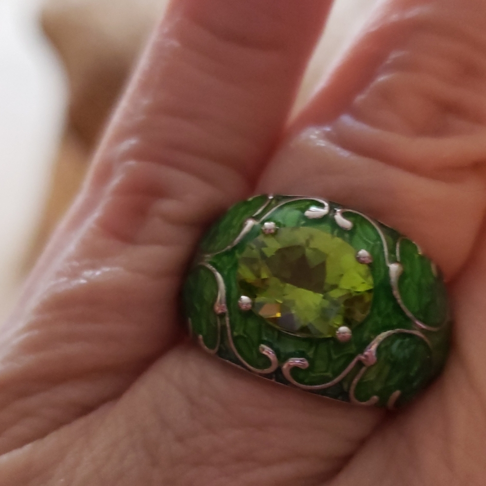 Peridot and green enamel ring